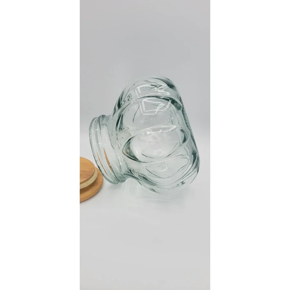 Clear Glass Jar Canister Bubble Glass w/ Wood Snap Lid, Round
